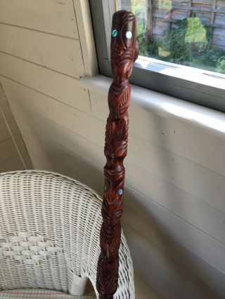 Vintage Carved Tribal Walking Stick With Mother Of Pearl Inlaid Mahogany 2