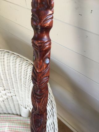 Vintage Carved Tribal Walking Stick With Mother Of Pearl Inlaid Mahogany 3