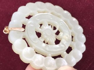 Antique Chinese Qing Dynasty Round White Jade Pendant Carved 585 Clasp 14k