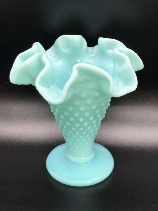 Vintage Fenton Turquoise Blue Milk Glass Hobnail Ruffled Trumpet Vase 4 "
