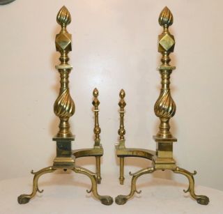 Large Antique Ornate Chippendale Federal Style Brass Fireplace Andirons