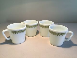 Vintage Pyrex Crazy Daisy Spring Blossom Green Coffee Cups/mugs Milk Glass - Set 4