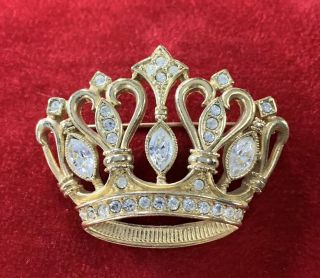Vintage Signed Kjl For Avon Rhinestone & Gold Tone Crown Pin Brooch