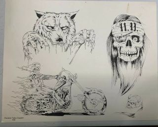 Vtg Tattoo Flash 1980’s Harley Davidson Wolf Skull Biker Sheet Precision Supply