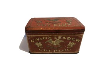 Antique Union Leader Cut Plug Tobacco Tin Red Litho Box With Eagle Logo
