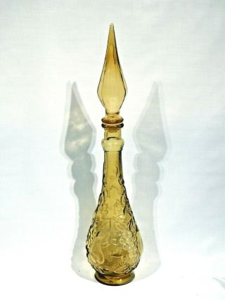 Vintage Glass Genie Bottle Decanter Amber W Banded Stopper Raised Fruit Pattern