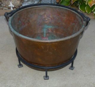 Antique Large Copper Cauldron Apple Butter Pot With Iron Handle