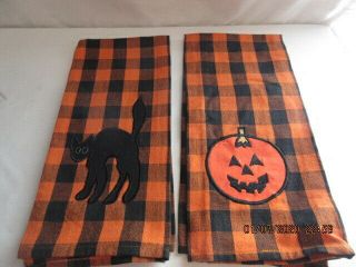 Vtg Primitive Halloween Orange Black Check Hand Dish Tea Towel W Cat & Pumpkin