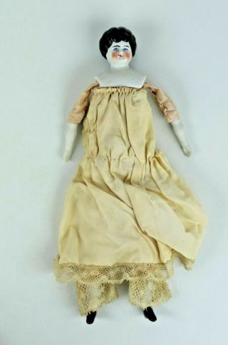 Antique German China Shoulder Head Doll With Molded Black Hair Cloth Body