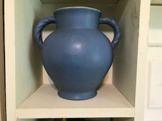 Vintage Coors Colorado Pottery Blue Double Handle Vase - 8 1/2 "
