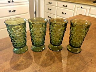 Set Of 4 Vintage Green Cubist Indiana Whitehall Ice Tea Water Footed Glasses
