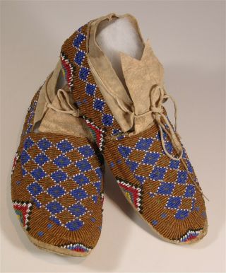 1890s Pair Native American Sioux Indian Bead Decorated Hide Moccasins Beaded