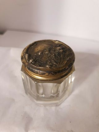 Vtg Antique Sterling Silver Floral Top Cut Glass Dresser Jar Victorian Miniture
