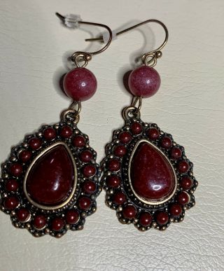 Vintage Jewelry Red Natural Dyed Stone Drop Dangle Tribal Earrings Boho