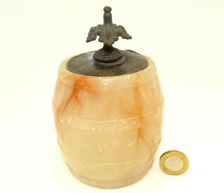 Antique 19c Alabaster Stone Barrel Shaped Tobacco Jar / Coin Trinket Pot