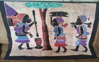 Vintage Hand Painted African Batik Fabric Panel Wall Hanging Tapestry