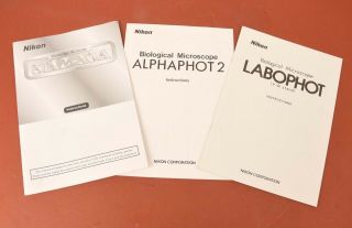 Three Vintage Nikon Microscope Instruction Books Smz - 10a,  Labophot,  Alphaphot 2