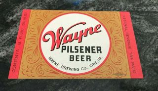 Vintage Irtp Wayne Beer - Brewing Co 12oz Bottle Label Erie Pa