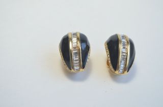 Vintage St John Black Enamel Crystal Gold Tone Ribbed Half Hoop Clip - On Earrings