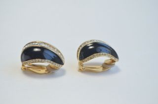 Vintage St John Black Enamel Crystal Gold Tone Ribbed Half Hoop Clip - On Earrings 2