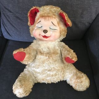 Rare Vintage 16” Rushton Rubber Face Crying Teddy Bear Tan With Red Ears & Hands