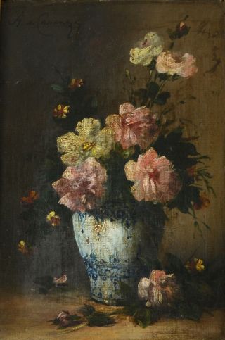Fine Antique French 19th Century Still Life Of Flowers Oil Painting Signed