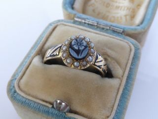 Antique Victorian 18ct Gold Sardonyx & Pearl Forget Me Not Mourning Ring Uk Q