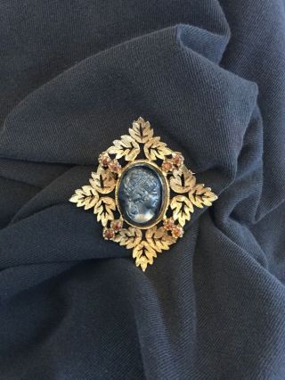 Gorgeous Vintage Glass Cameo With Topaz Glass Rhinestones And Leaf Frame