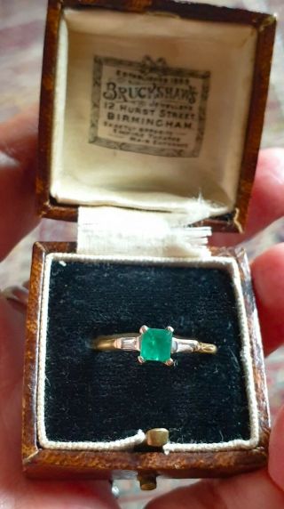Vintage Antique Art Deco 18 Ct Emerald & Diamond 3 Stone Engagement Ring N 1/2