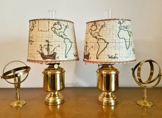 Pair Lantern Dhr Holland Nautical Oil Lamps Brass With Map Shades - Wall / Table