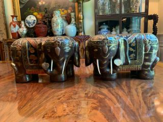 A Pair Large Chinese Antique Carved Wooden Elephants.