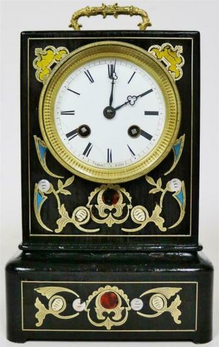 Antique French Empire Ebonised Inlaid Boulle & Enamel Officers Mantle Clock