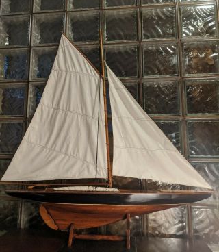 Gorgeous Vintage Hollow Wood Pond Yacht Model Display Sailboat.  Brass 42 " X 41 "