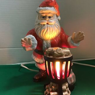 Vtg 9 " Ceramic Jolly Lighted Santa By The Woodstove Fire Christmas Flame Light