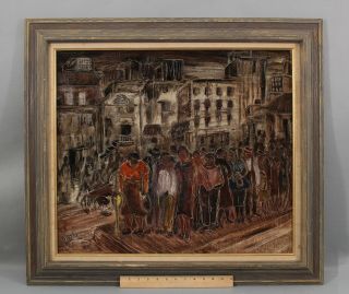 Antique Wpa Black Social - Realist City Bus Stop Expressionist Oil Painting
