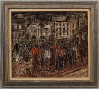 Antique WPA Black Social - Realist City Bus Stop Expressionist Oil Painting 2