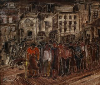 Antique WPA Black Social - Realist City Bus Stop Expressionist Oil Painting 3