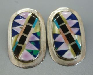 Vintage Zuni Indian Sterling Silver Turquoise Coral Stone Mosaic Inlay Earrings