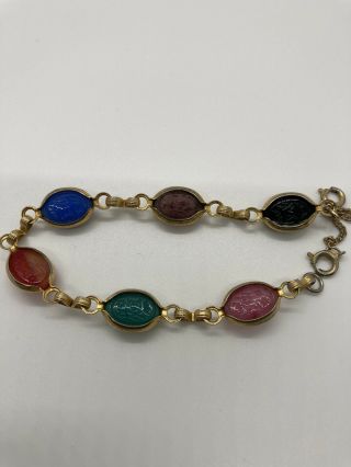 Vintage Scarab 8 " Chain Link Bracelet Multi Color Stone