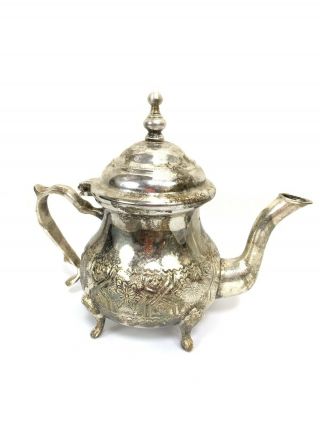 Fes Moroccan Small Silver Plated Teapot W/ Four Legs Vintage 6.  5” Tall