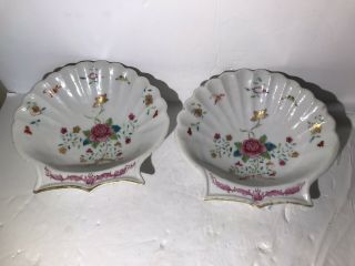Pair Antique Chinese Export Familie Rose Porcelain Shell Dishes,  18th Century