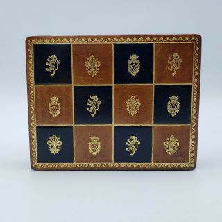 Vintage Leather Playing Card Box W/ Heraldic Symbols On Top,  Made In Italy,  Good