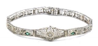 Antique Art Deco Diamond Emerald Filigree Bracelet 14k White Gold Fancy Pattern
