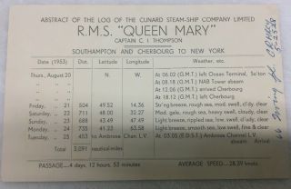 Vintage Log Abstract Cunard White Star Line Ship Cruise Rms Queen Mary