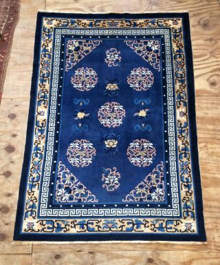 Art Deco Chinese Handwoven Rug With Blue Colour Field