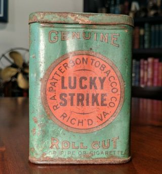 Vintage Lucky Strike Roll Cut Tobacco Tin Upright R.  A.  Patterson Richmond,  VA. 2