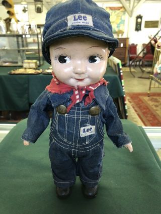 Vintage Buddy Lee Doll Union Made Overalls Jeans Denim Hat Cap Engineer Antique