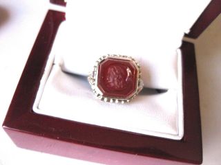 Antique 14k White Gold Ring With " Ancient Intaglio " Of Carnelian,  Art Deco