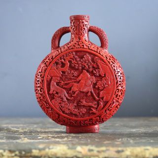 Antique Or Vintage Chinese Red Carved Cinnabar Lacquer Moon Flask Vase Republic