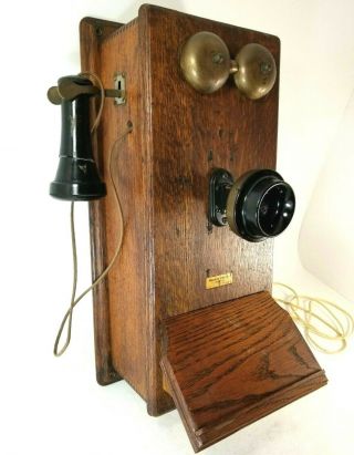 Antique Oak Western Electric Wall Phone Rings Crank W Rotary Dial 317ah